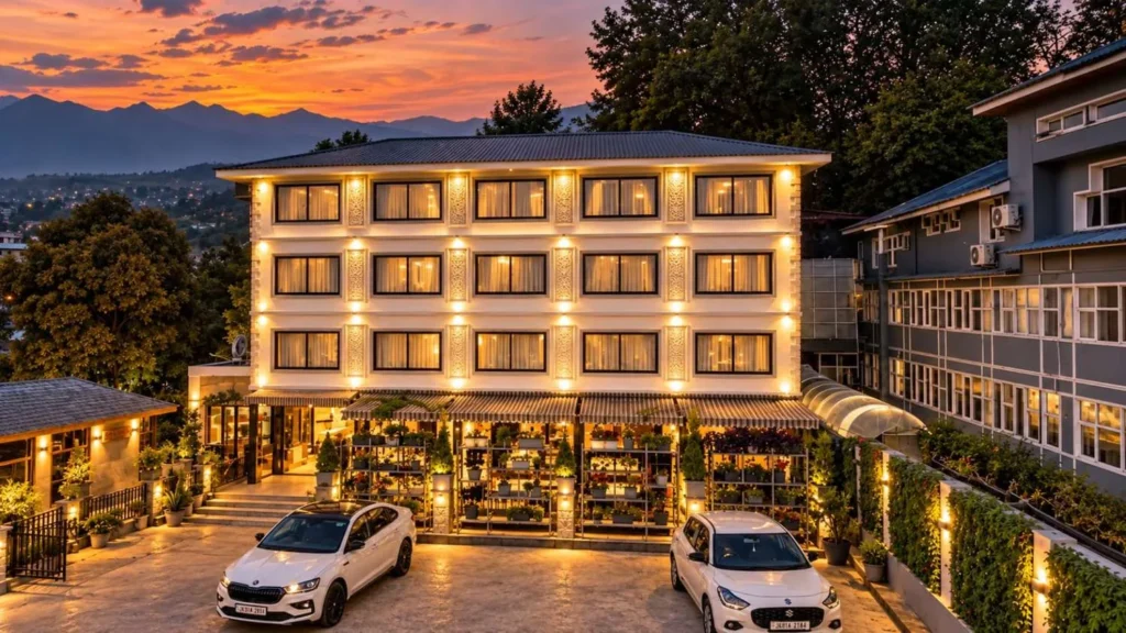 Wisaal Srinagar hotel building lit up at dusk, Nishat, Srinagar