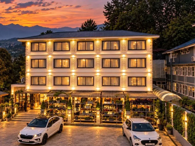 Wisaal Srinagar hotel building lit up at dusk, Nishat, Srinagar