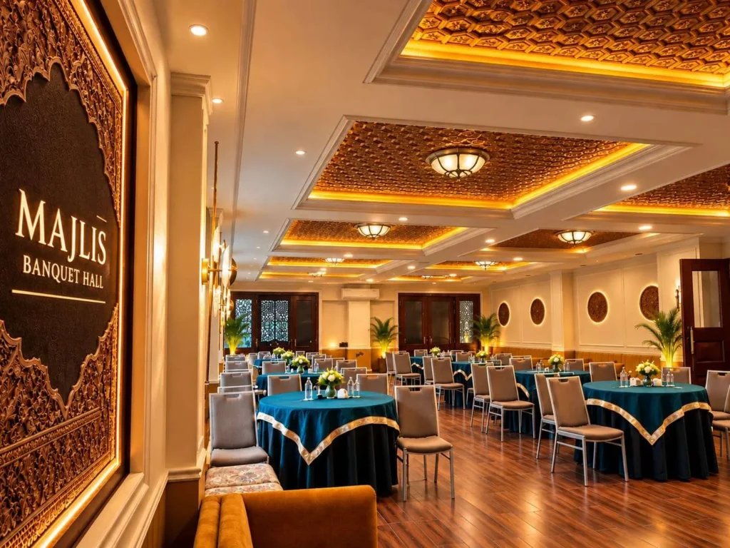 Majlis Banquet Hall entrance sign with carved panel