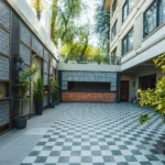 Chequered courtyard outside the Majlis banquet hall