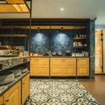 Buffet counter at the restaurant with plates and wooden cabinets